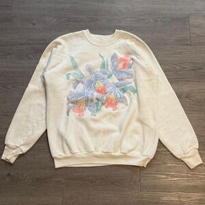 Vintage 1989 Air Waves Floral Puff Print Sweatshirt L Raglan 80s Pink Blue White